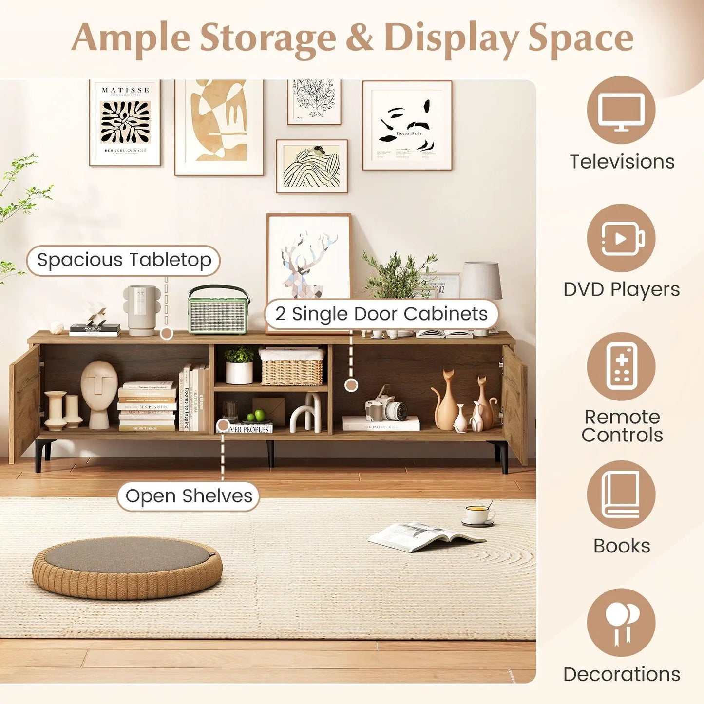 TV Stand for 70 Inch TVs Waveform Oak by DirectDeals with open shelves and two cabinets on Tampa Home & Garden Store