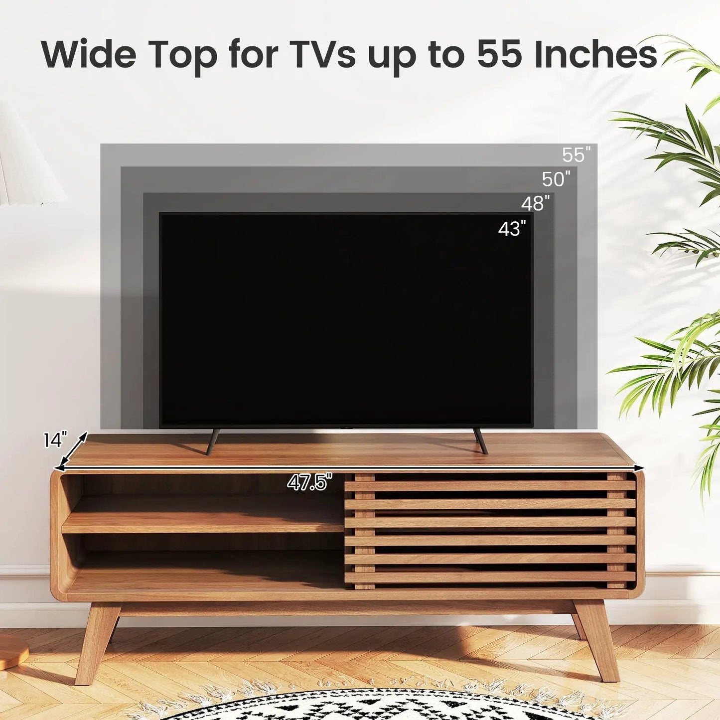 Brown wooden TV stand for 55 inch TVs with sliding doors and slatted cabinet 47.5 in wide on Tampa Home & Garden Store