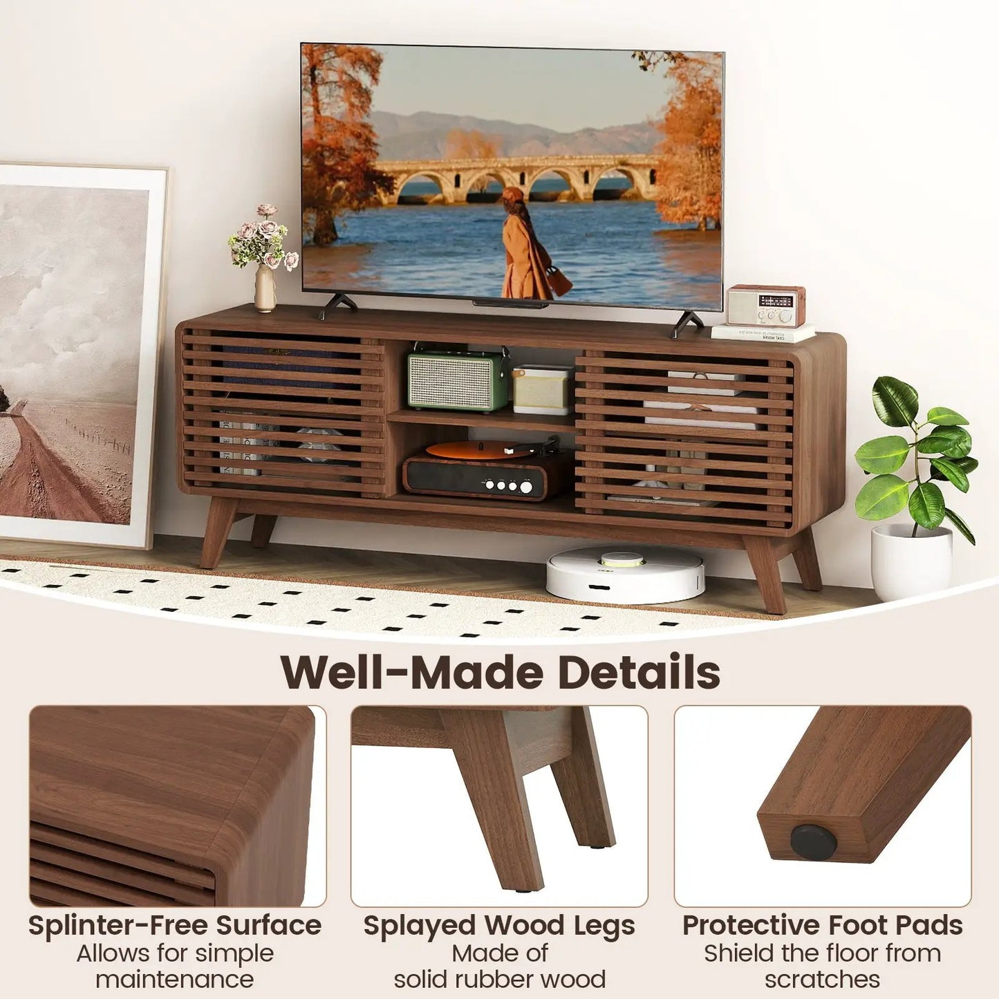 Walnut TV Stand for 65 Inch TVs with Sliding Doors, slatted panels and open center shelf on Tampa Home & Garden Store