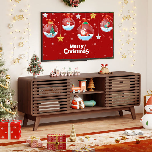 TV Stand for TVs up to 65" with Sliding Doors and Adjustable Shelves for Living Room-Walnut - Tampa Home & Garden Store