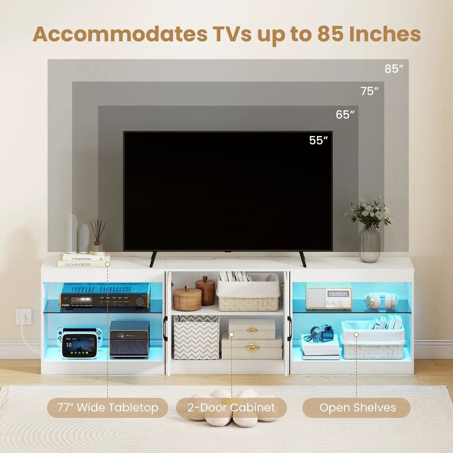 DirectDeals TV stand for 85 inch TVs with LED lighting, white shelves and 2-door cabinet on Tampa Home & Garden Store