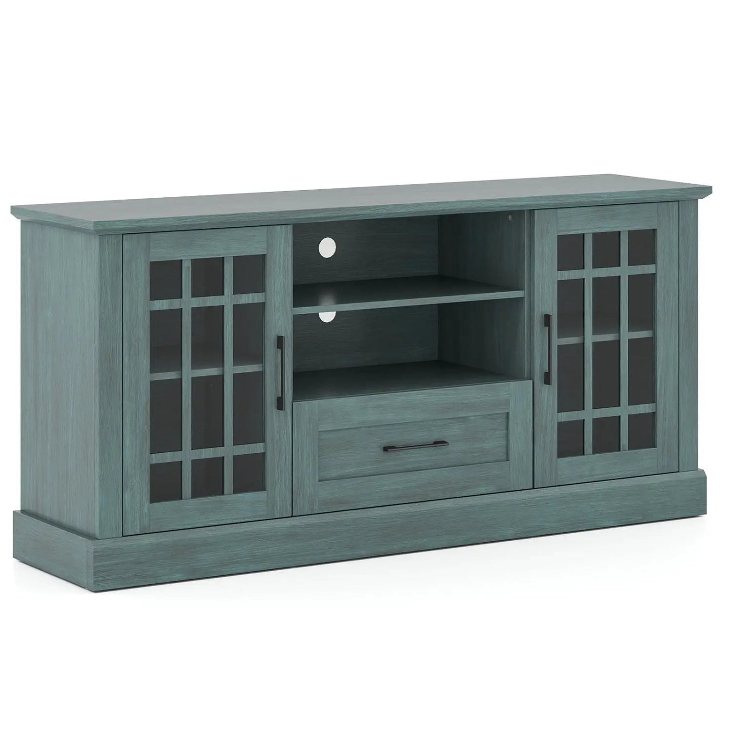 TV Stand for 70 Inch TVs with Glass Doors in teal finish, open shelves and drawer by DirectDeals on Tampa Home & Garden Store