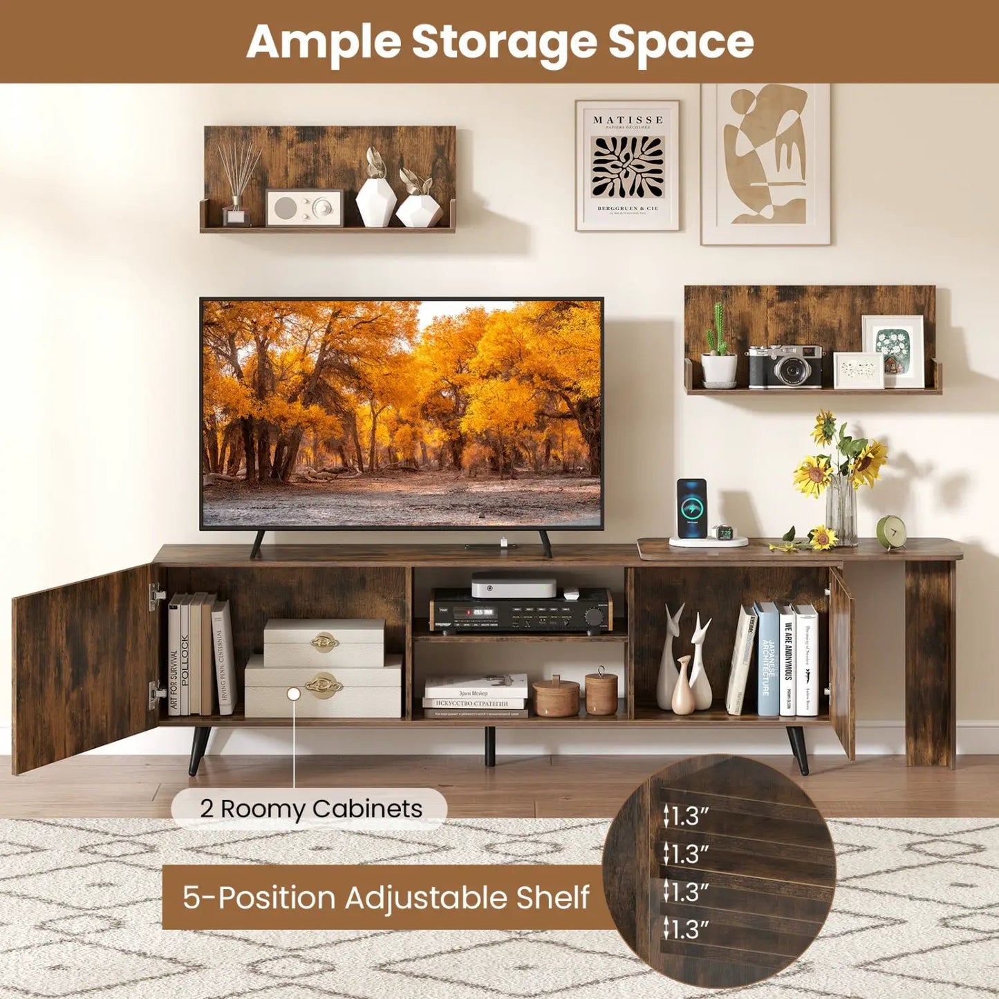 TV Stand 85-Inch with charging station and wall shelves, wood finish, DirectDeals, 2 cabinets on Tampa Home & Garden Store
