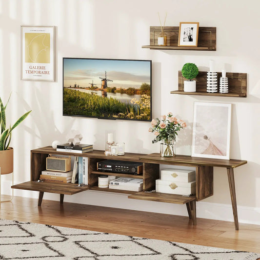 Walnut mid-century TV stand for 85 inch TV with open compartments and decor on Tampa Home & Garden Store