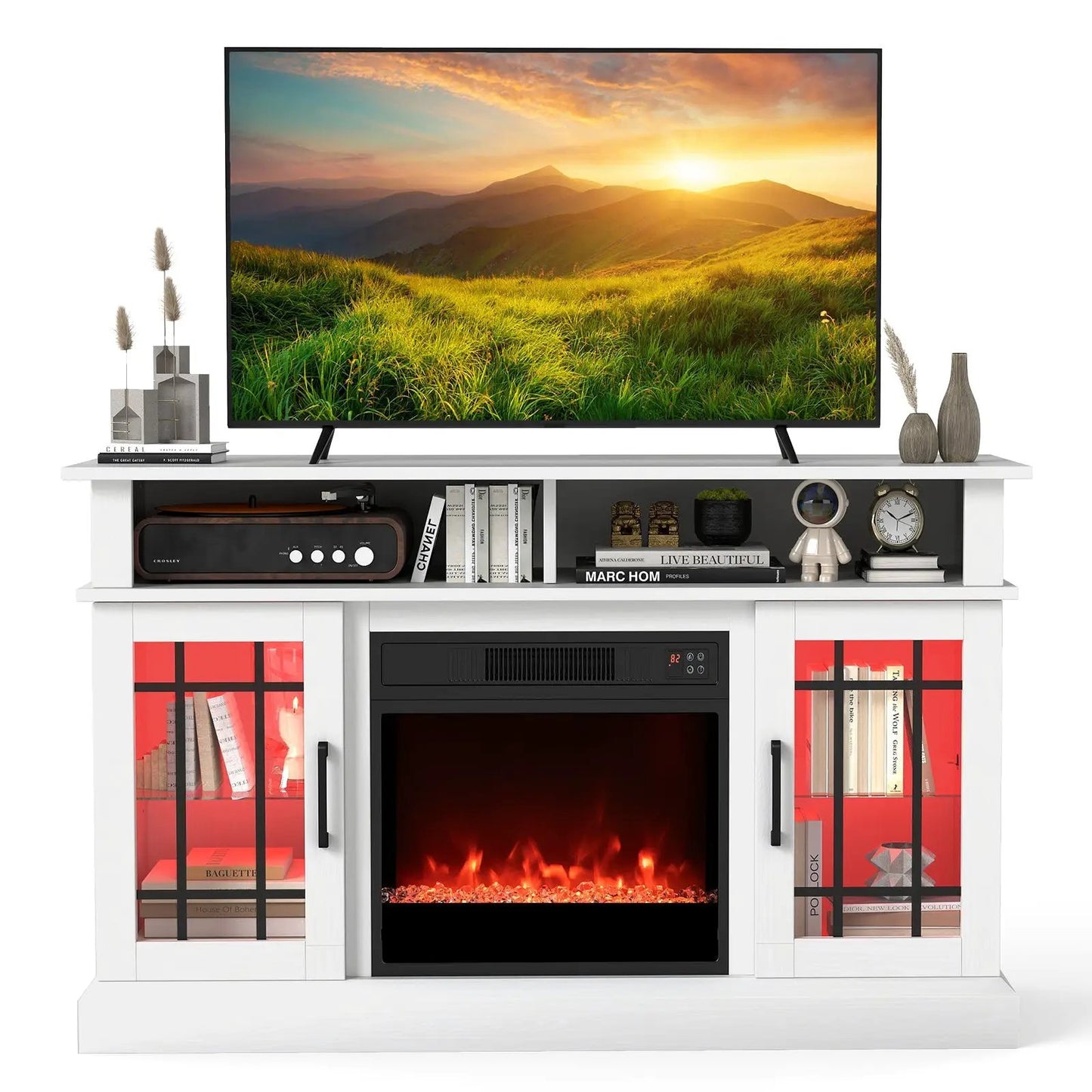 TV stand with electric fireplace and LED lights in white wood finish with decor shelves on Tampa Home & Garden Store