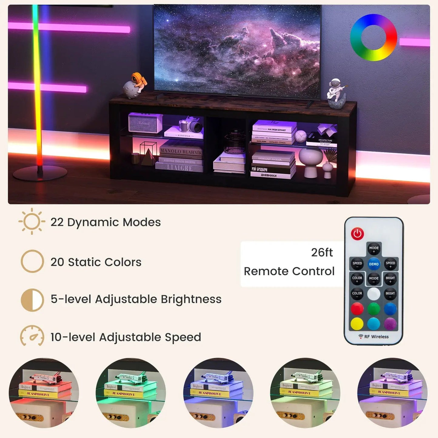 Modern TV Stand with LED Light and Adjustable Shelves for TVs up to 65 inch-Brown - Tampa Home & Garden Store