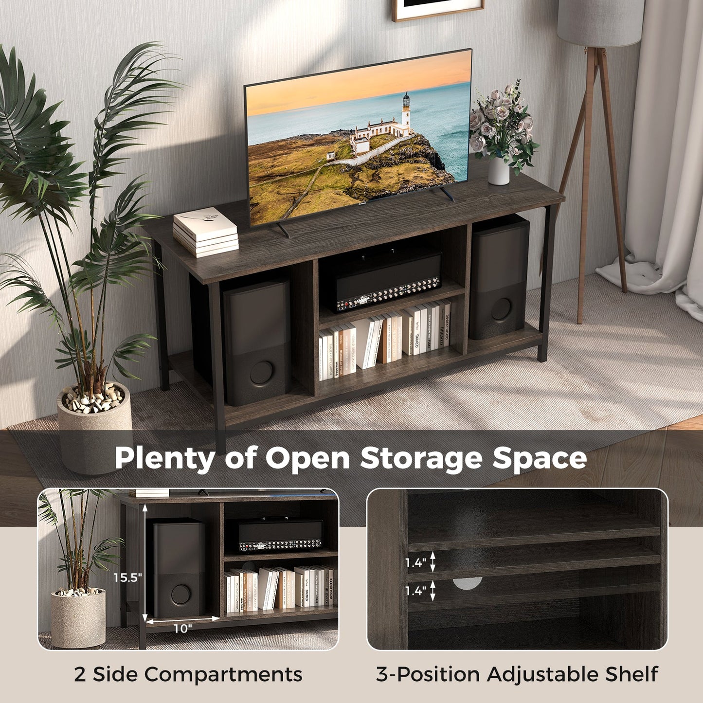 Mueble de TV de 3 niveles con toma de corriente USB y estante ajustable - Gris