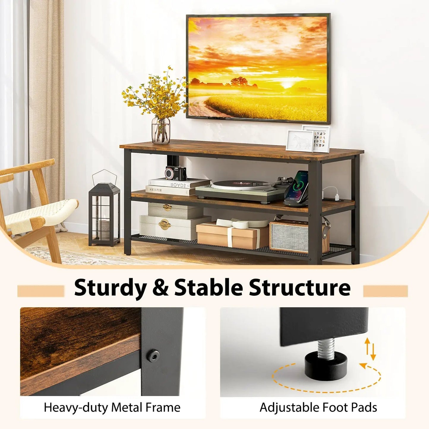 Industrial TV Stand for 50 Inches with USB ports, rustic brown wood top on a metal frame on Tampa Home & Garden Store
