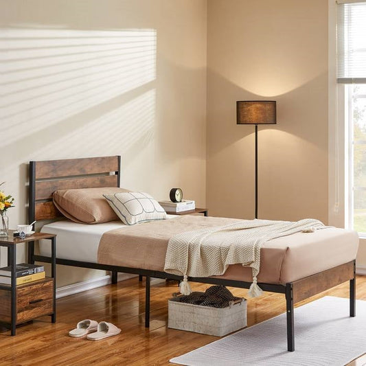 Twin Industrial Platform Bed Frame with Brown Wood Slatted Headboard Footboard - Tampa Home & Garden Store