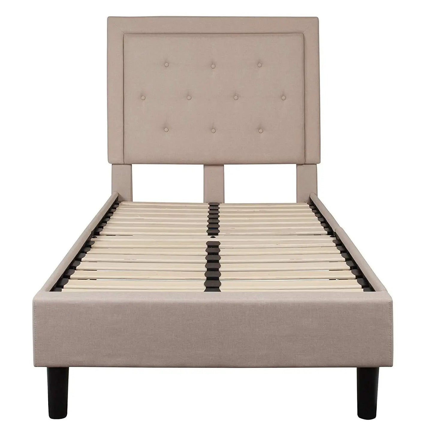 Twin Beige Fabric Upholstered Platform Bed with Button Tufted Headboard - Tampa Home & Garden Store