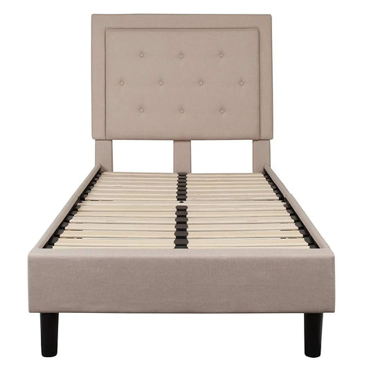 Twin beige upholstered platform bed with tufted headboard on Tampa Home & Garden Store