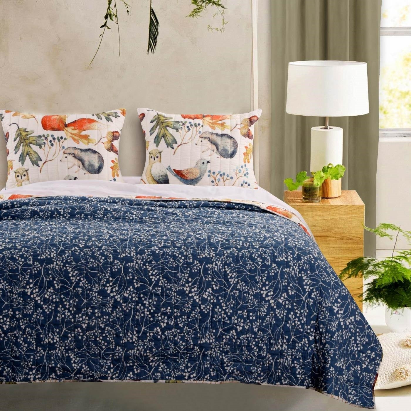 Juego de edredón reversible de 2 piezas, tamaño individual, con estampado floral, animales y pájaros en azul y beige