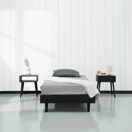 Twin Size Mid-Century Modern Platform Bed Frame by HomePacific in black with two nightstands on Tampa Home & Garden Store