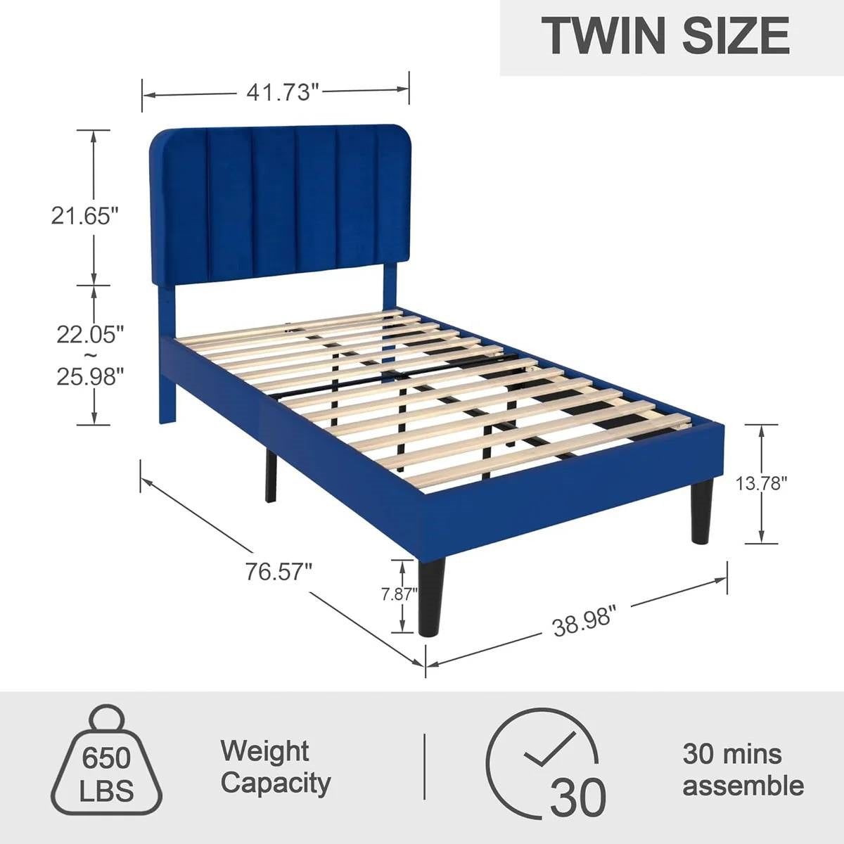 Base de cama con plataforma tapizada azul tamaño twin con cabecero