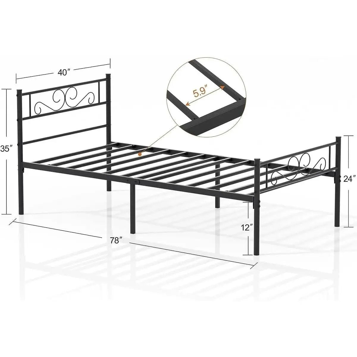 Twin metal platform bed frame with black finish and scroll headboard, slats by HomePacific on Tampa Home & Garden Store