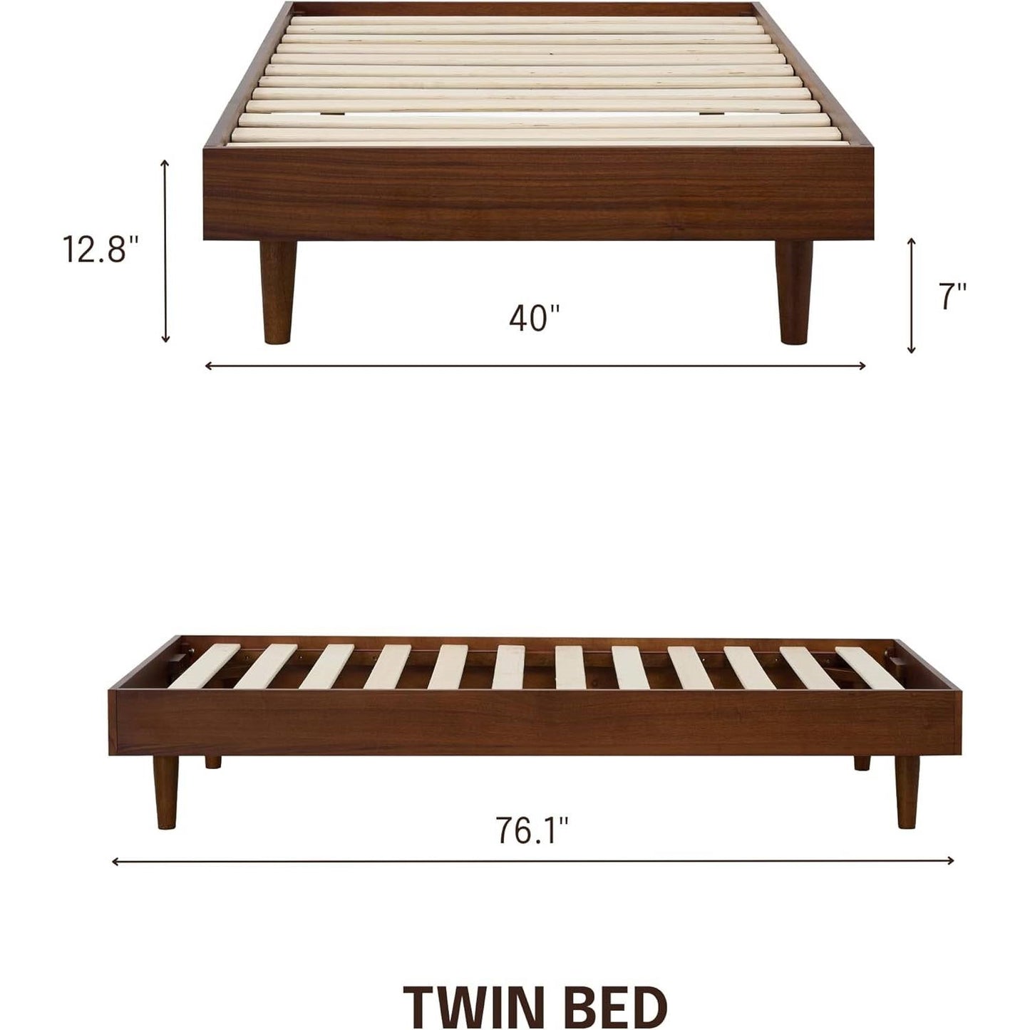 Twin size Mid-Century Modern Platform Bed Frame in Dark Brown Wood Finish