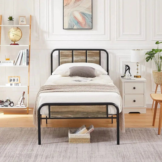 Twin grey wood-and-metal platform bed with rounded headboard in modern-industrial style on Tampa Home & Garden Store