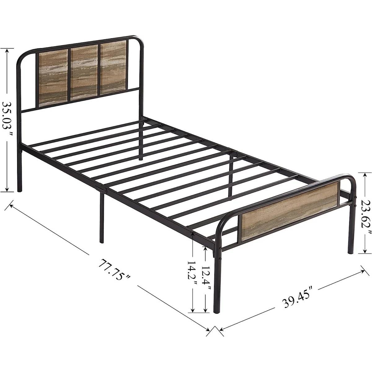 Marco de cama de plataforma doble de metal y madera gris con cabecera y pie de cama redondeados