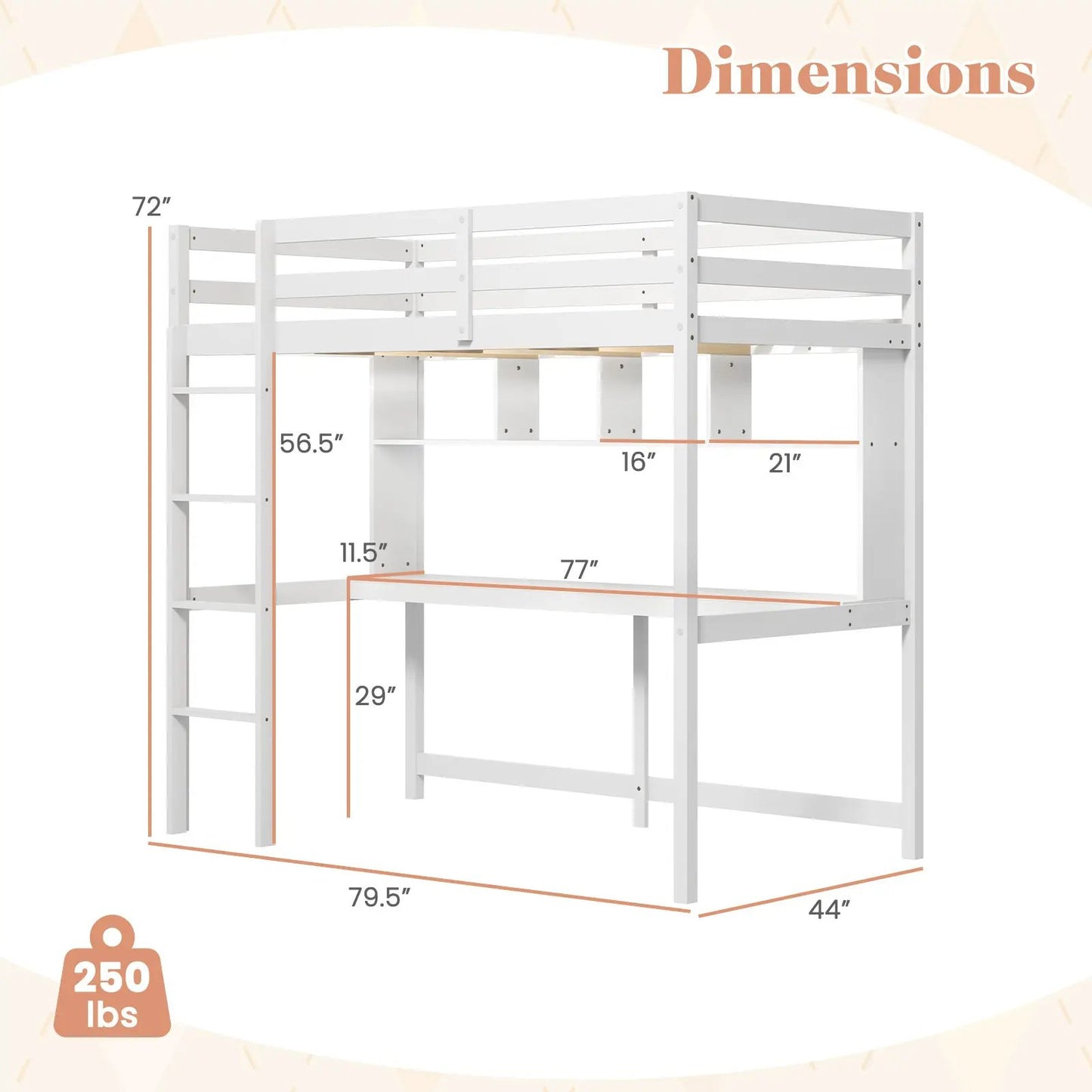 Twin Loft Bed with Desk and Shelves White