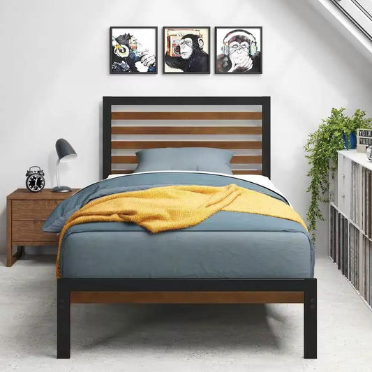 Twin black metal bed frame with brown wood slat headboard on Tampa Home & Garden Store