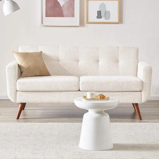 Mid Century Beige Upholstered Fabric Sofa Loveseat with tufted back and wooden legs on Tampa Home & Garden Store