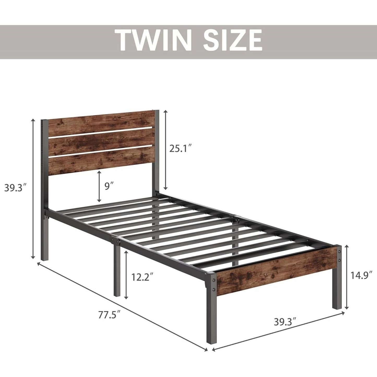 Estructura de cama de plataforma de metal estilo casa de campo moderna tamaño twin con cabecero de madera marrón
