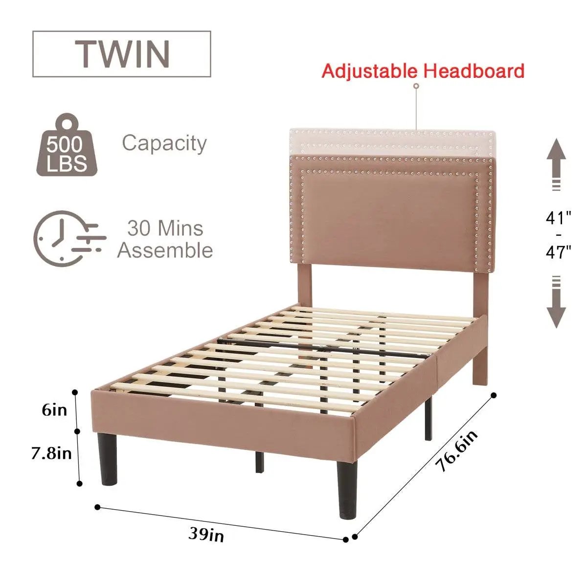 Set of 2 - Twin size Brown Tan Tufted Upholstered Platform Bed with Headboard - Tampa Home & Garden Store