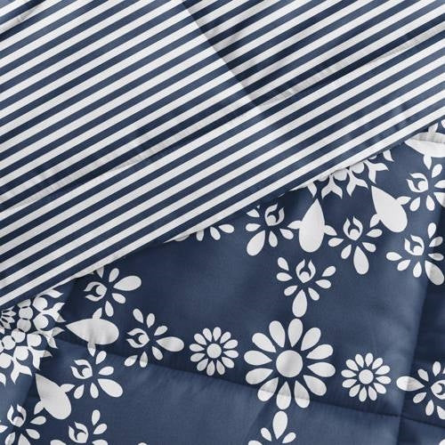 Juego de edredón reversible de 3 piezas de tamaño individual con diseño floral y rayas en azul marino y blanco