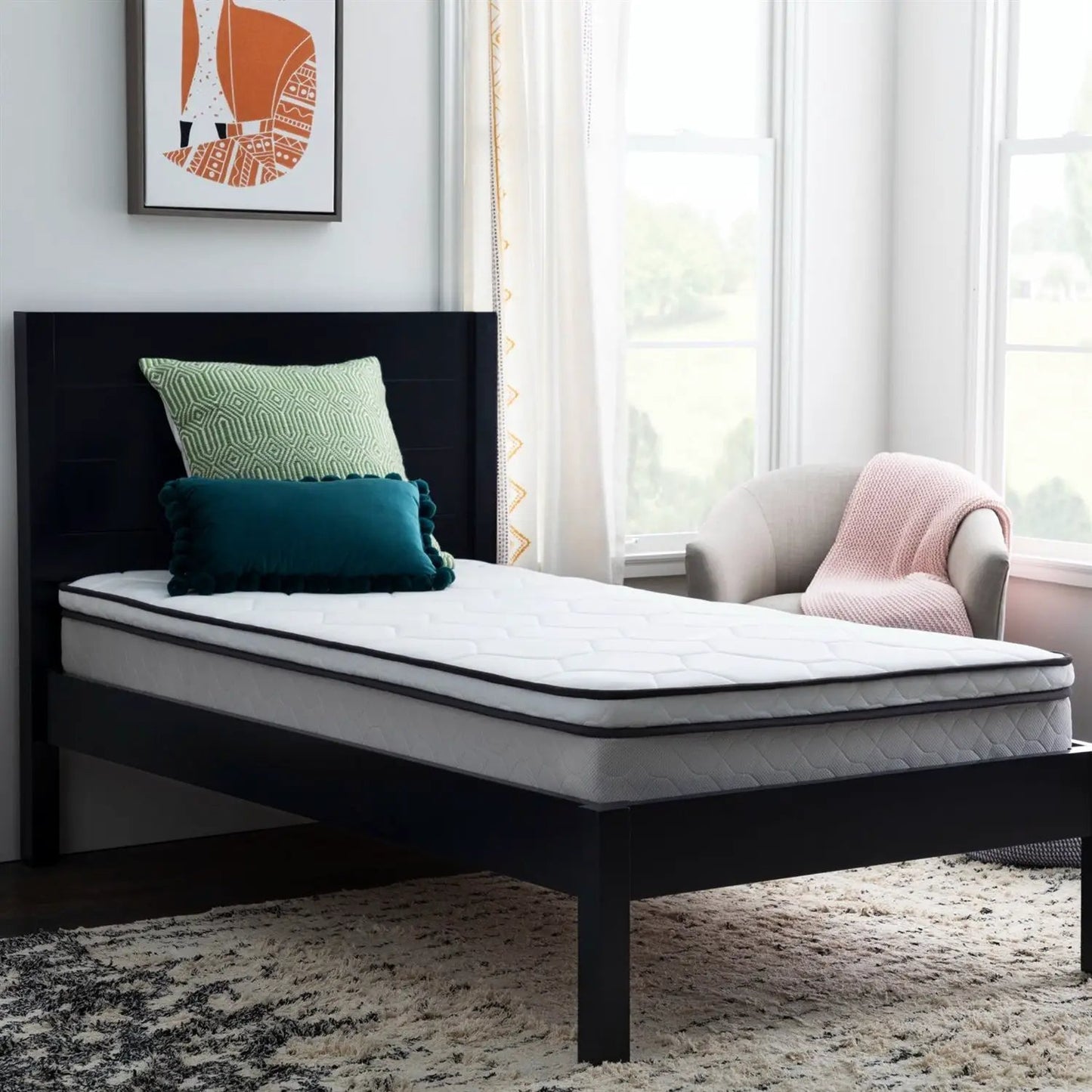 Twin 8 Inch Plush Memory Foam Hybrid Mattress on black platform bed with green pillow on Tampa Home & Garden Store