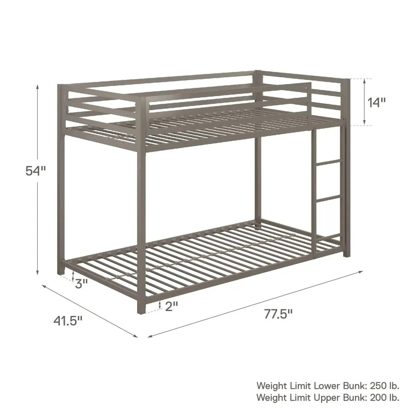 Twin over Twin modern low-height metal bunk bed by HomePacific with gray finish on Tampa Home & Garden Store