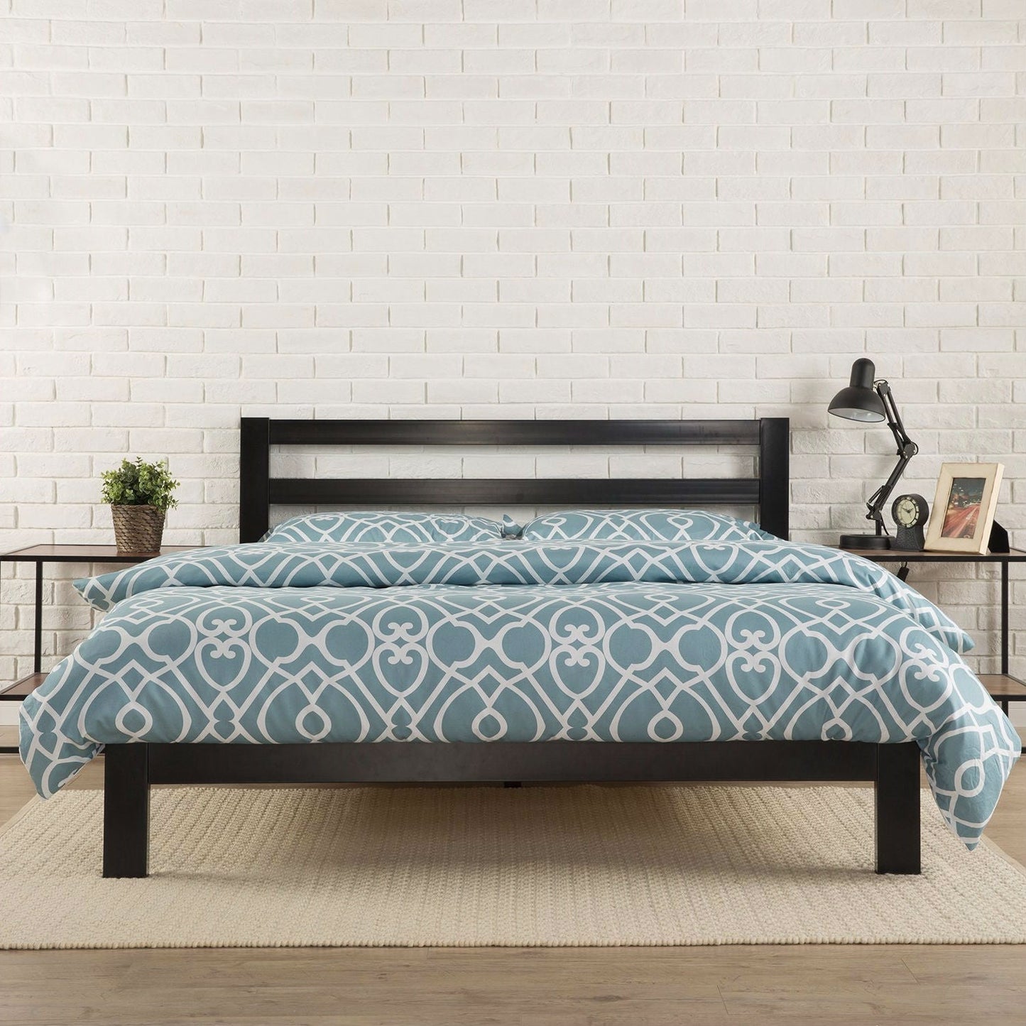 Base de cama moderna de metal tamaño Twin con cabecero y listones de madera de soporte