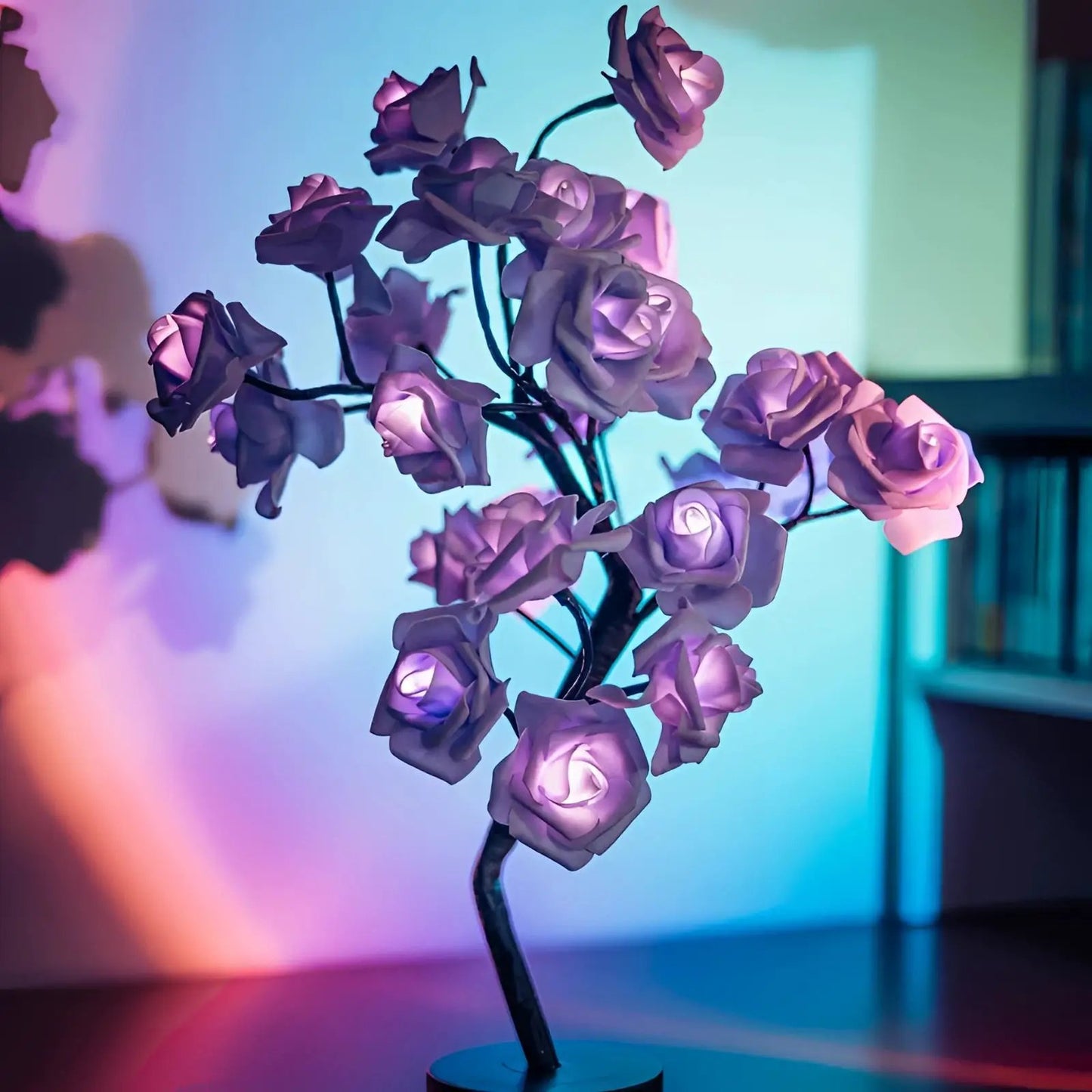 LED Rose Lamp pink-purple illuminated roses on dark stem with round base Moktan Sabai on Tampa Home & Garden Store