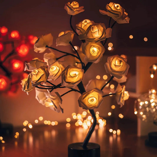 Led Rose Lamp warm white roses on a dark stem, romantic night light Moktan Sabai on Tampa Home & Garden Store