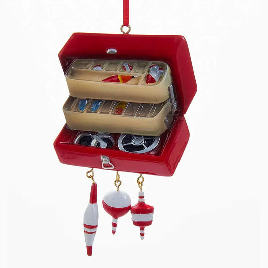 Classic Red Tackle Box Ornament with open compartments and hanging fishing lures on Tampa Home & Garden Store