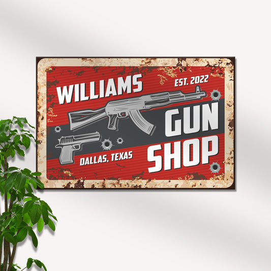 Gun Shop Sign II canvas by Tailored Canvases; vintage red sign with distressed border on Tampa Home & Garden Store