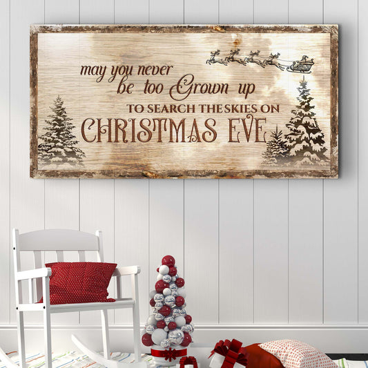 Christmas Eve Farmhouse Sign canvas with wood finish featuring Santa sleigh and trees on Tampa Home & Garden Store