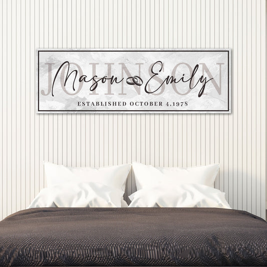 Canvas Last Name Wedding Gift Sign with Mason & Emily and established date framed backdrop on Tampa Home & Garden Store