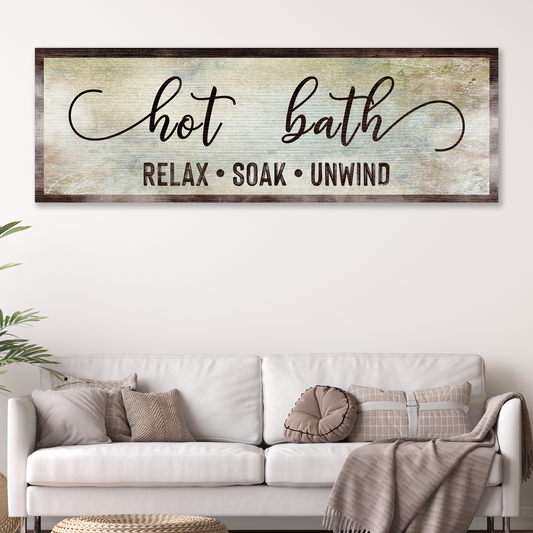 Hot Bath Sign Canvas wall art by Tailored Canvases weathered blue background with dark wood frame on Tampa Home & Garden Store