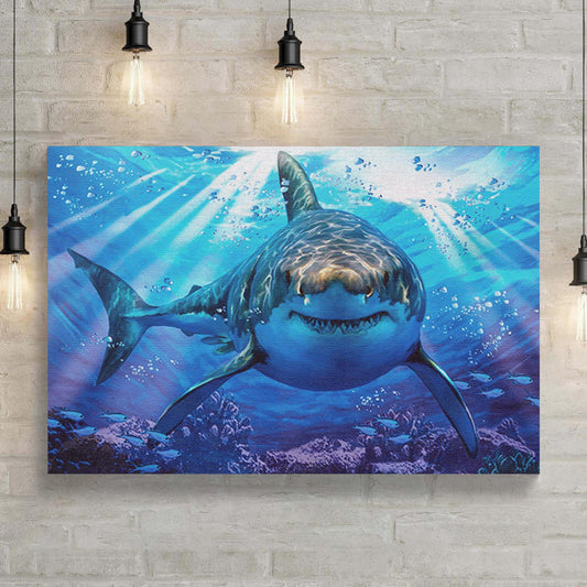 Underwater White Shark Canvas Wall Art by Tailored Canvases in a vivid blue ocean scene on Tampa Home & Garden Store