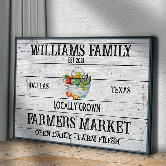 Farmers Market Sign II canvas with rustic whitewashed wood background and produce basket on Tampa Home & Garden Store