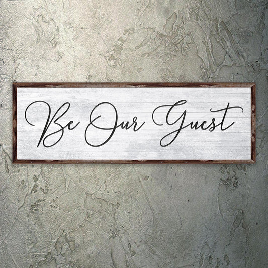 Be Our Guest Sign IV canvas with dark wood frame and black script text on Tampa Home & Garden Store