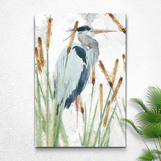 Heron In The Reeds canvas wall art II by Tailored Canvases; watercolor heron among grasses on Tampa Home & Garden Store