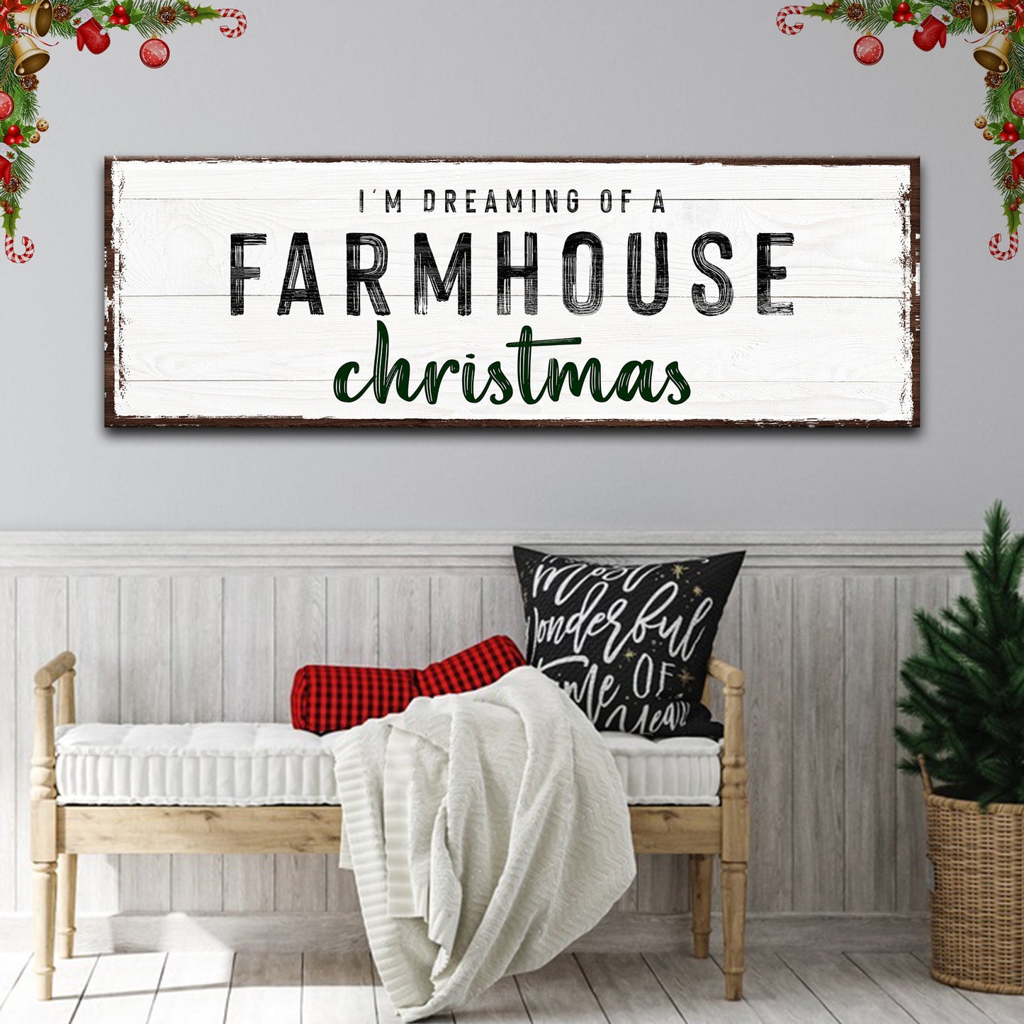 Farmhouse Christmas sign canvas with white wood and bold FARMHOUSE text and green script christmas on Tampa Home & Garden Store