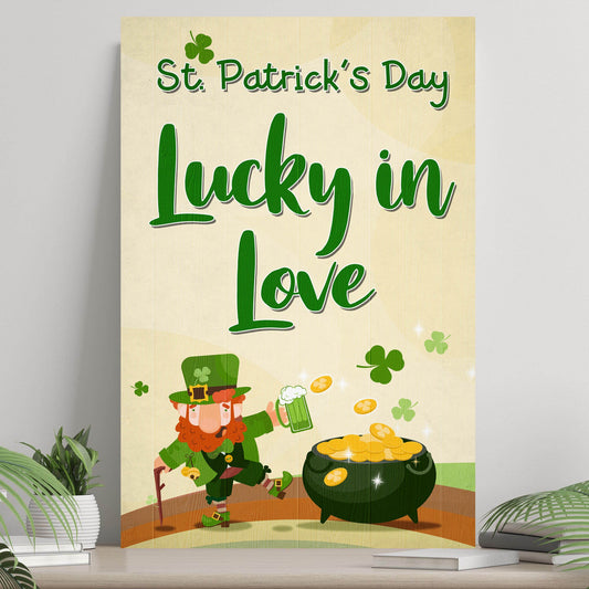 St Patrick's Day Lucky In Love Sign canvas Tailored Canvases woodgrain with green Love script on Tampa Home & Garden Store
