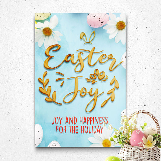 Easter Joy Sign canvas by Tailored Canvases, blue background with gold script and daisies on Tampa Home & Garden Store