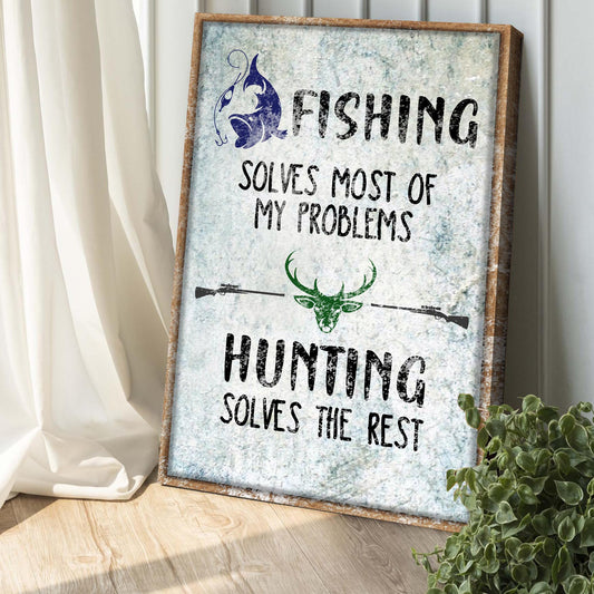 Canvas sign Fishing And Hunting by Tailored Canvases with fish logo and green deer on cork frame on Tampa Home & Garden Store