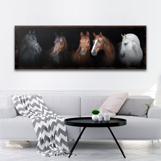 A Family Of Horses canvas wall art with five horses in a dark backdrop and a wood frame on Tampa Home & Garden Store