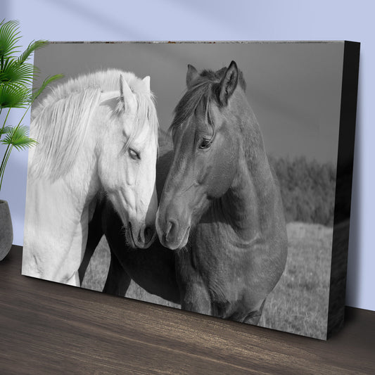 Horse Love Canvas Wall Art by Tailored Canvases, horses nuzzling heads in black and white on Tampa Home & Garden Store