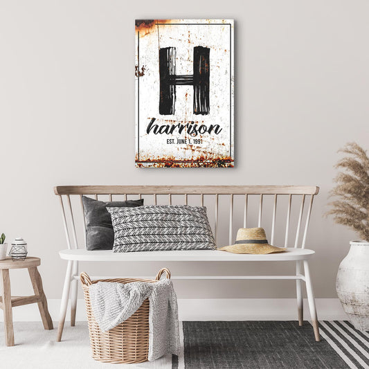 Family Name Portrait Sign canvas with rusted H and Harrison script by Tailored Canvases on Tampa Home & Garden Store