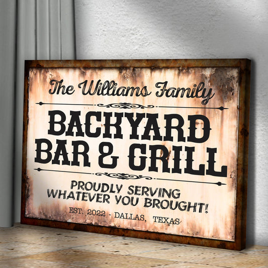 Backyard Bar & Grill Sign X canvas wall art with rusted frame Tailored Canvases on Tampa Home & Garden Store
